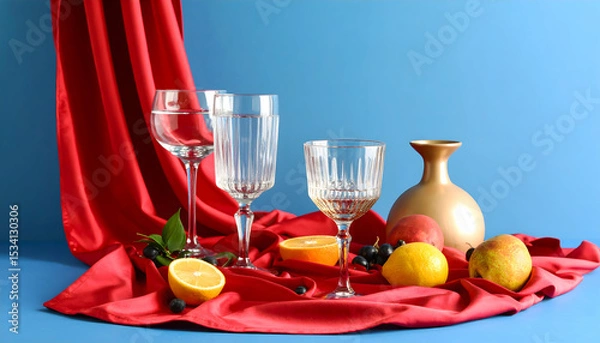 Fototapeta Still Life with Fruit and Glassware on Red Drape