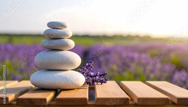 Obraz Serene Stacked Stones on Wooden Plank in Lavender Field