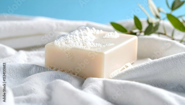 Fototapeta Luxury Soap Bar on Soft White Towel with Bubbles