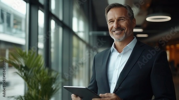 Fototapeta Happy middle aged business man ceo wearing suit standing in office using digital tablet. Smiling mature businessman professional executive manager looking away thinking working on tech device.