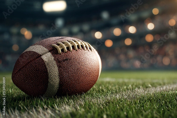 Obraz A close up of an american football on a green field with stadium lights in the back