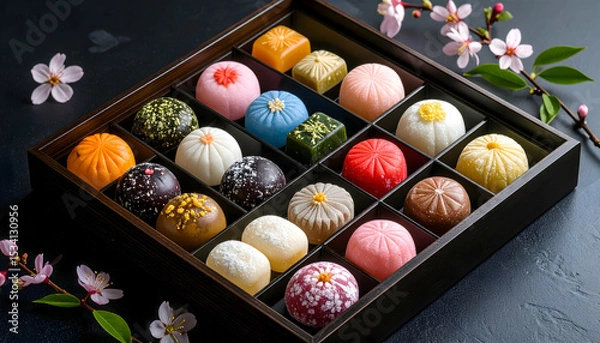 Obraz Assorted Colorful Wagashi in Wooden Box