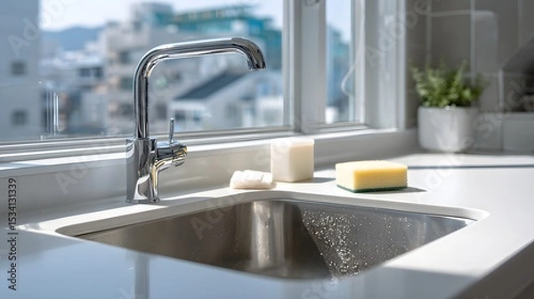 Fototapeta Close-up of a kitchen sink featuring soap creating a clean and fresh environment in a modern domestic space