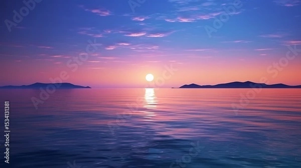 Obraz A warm orange moon rising slowly over a tranquil navy sea, its reflection forming a shimmering golden trail on the water, the sky a blend of dark blue and deep purple.