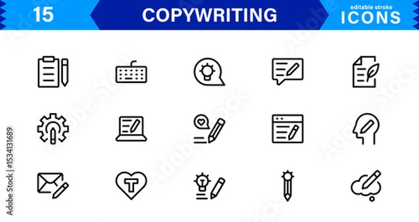Fototapeta Copywriting Icon Set Featuring Content Creation, Writing, Editing, Marketing, and Communication Symbols in a Professional, Vector-Based Design