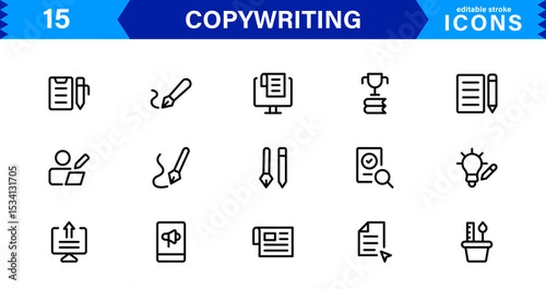 Fototapeta Copywriting Icon Set Featuring Content Creation, Writing, Editing, Marketing, and Communication Symbols in a Professional, Vector-Based Design