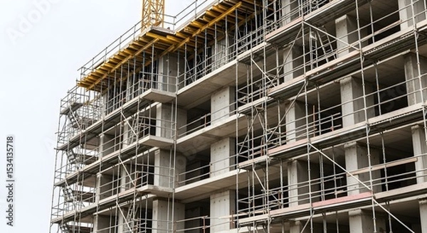 Fototapeta Concrete building under construction featuring scaffolding and a yellow crane against a cloudy sky. Details include unfinished floors and structural elements