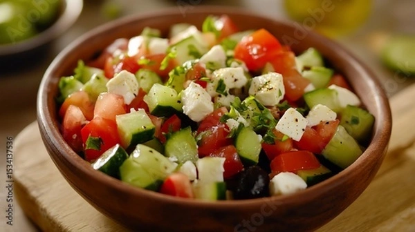 Obraz Fresh and vibrant Greek salad served in a rustic wooden bowl close-up