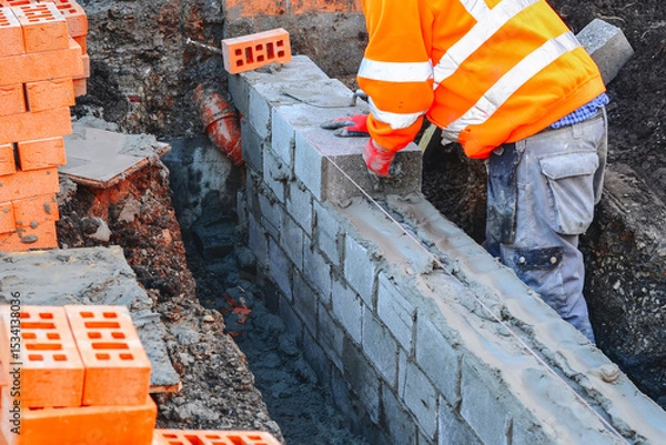 Obraz Hard working bricklayer laying concrete blocks on top of concrete foundation ground beam on new residential housing site. Fight housing crisis by building more affordable houses concept