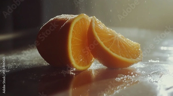Obraz Vibrant orange citrus fruit halves adorned with sparkling droplets of water