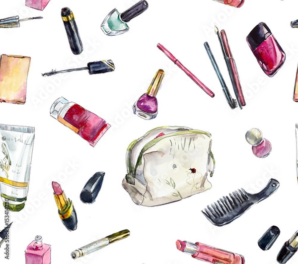 Fototapeta Seamless pattern. Cosmetics. Watercolor sketch. Hand drawn illustration