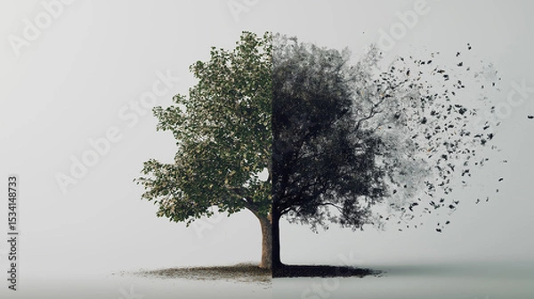 Fototapeta Split Tree Concept Depicting Environmental Destruction and Climate Change with One Side Green and Thriving the Other Burned and Ashen, Symbolizing Deforestation, Ecological Damage and Global Warming
