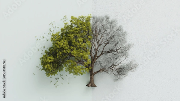 Fototapeta Split Tree Concept Depicting Environmental Destruction and Climate Change with One Side Green and Thriving the Other Burned and Ashen, Symbolizing Deforestation, Ecological Damage and Global Warming
