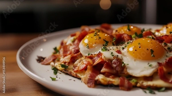 Obraz Delicious bacon and eggs breakfast close-up on a white plate background