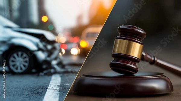 Fototapeta Split Image Depicting a Car Accident and a Judge's Gavel, Representing Vehicle Insurance, Legal Responsibility, Traffic Liability, Auto Damage Claims and Justice in Automotive Disputes