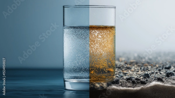 Fototapeta Split Glass Concept Showing Clean and Polluted Water, Representing Water Scarcity, Contamination, Environmental Degradation, Sustainability Challenges and the Global Need for Clean Drinking Resources
