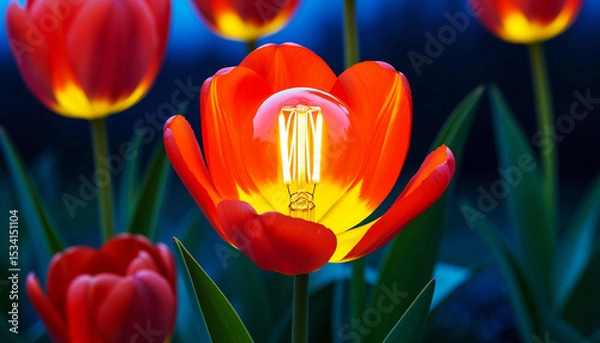 Fototapeta Bright red-yellow tulip with a bulb inside instead of a pistil. Macro shot, digital surrealism, fantasy style, evening scene