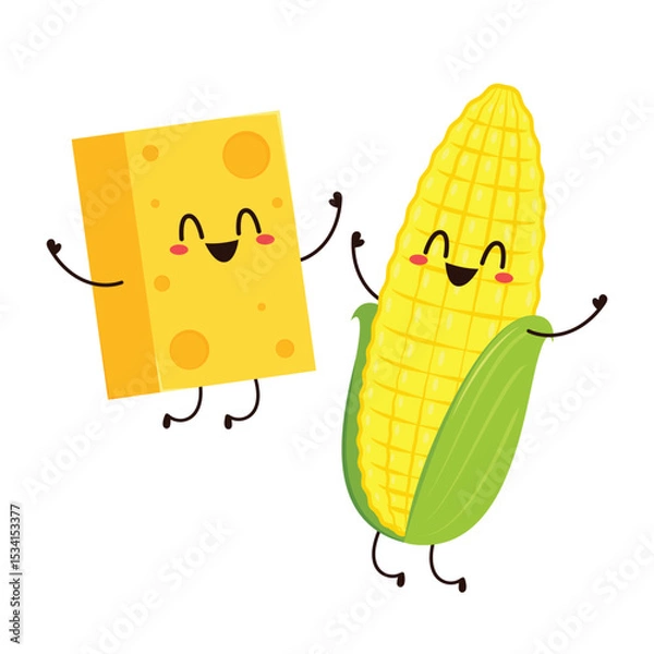 Fototapeta Corn and Cheese vector. Corn and Cheese character design. Corn on white background. Cube cheese.