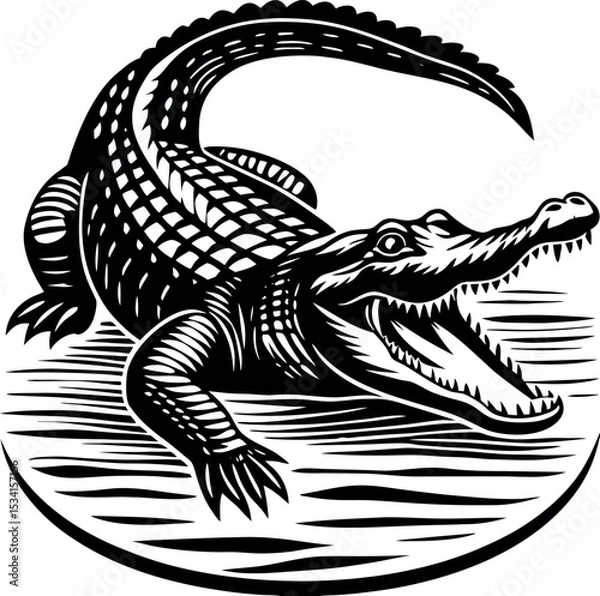 Fototapeta Detailed alligator with open mouth on water silhouette vector illustration