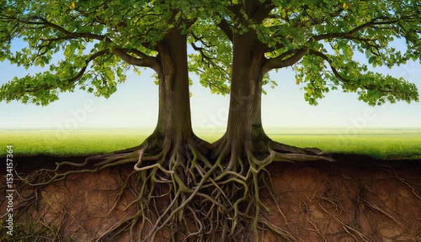 Fototapeta Two large trees with intertwined roots underground, stand tall in a  grassy field against a clear sky. Strong partnership, growing together, business collaboration and teamwork concept