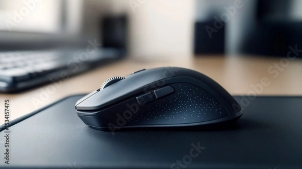 Obraz Ergonomic black computer mouse resting on a black mousepad close up view
