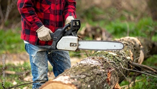 Obraz チェーンソーで木を伐採する男性／Generated image