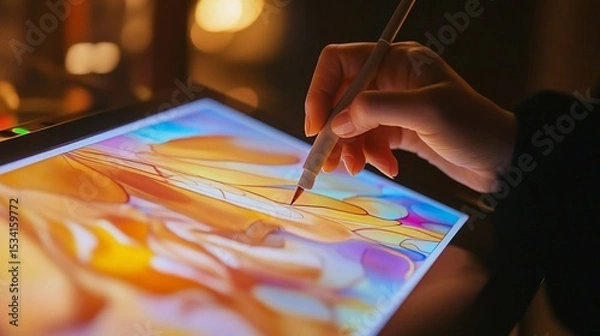 Obraz Digital artist working on a vibrant, abstract illustration using a tablet
