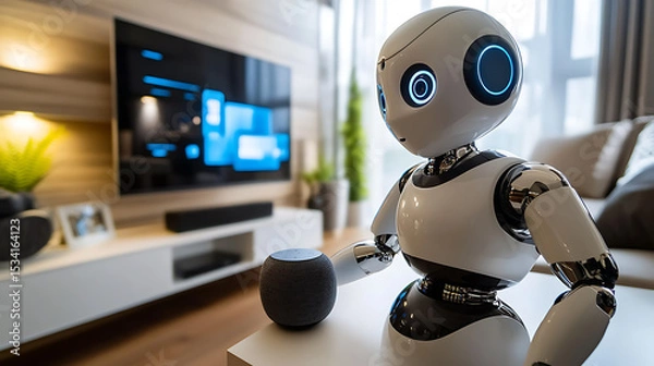 Fototapeta Robot interacting with smart speaker in modern living room