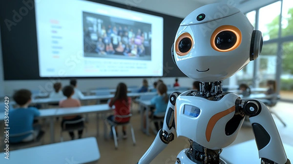 Fototapeta Robot in a Classroom Setting with Students and a Presentation Screen
