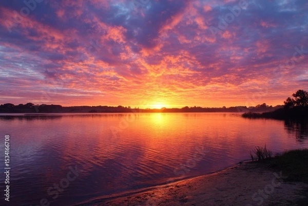 Fototapeta Fiery Sunset over Serene Lake: A breathtaking landscape photography showcasing vibrant colors of the twilight sky reflecting on calm water. Perfect for nature lovers and desktop ba