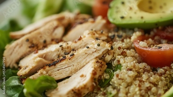 Obraz Delicious and Nutritious Grilled Chicken Salad with Quinoa and Fresh Vegetables