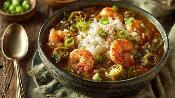 Obraz Delicious shrimp and okra gumbo with rice