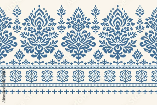 Obraz Ikat floral seamless pattern with traditional ethnic decorative border in blue on cream background, perfect for fabric, clothing, decoration, wallpaper, Aztec abstract textile texture illustration.
