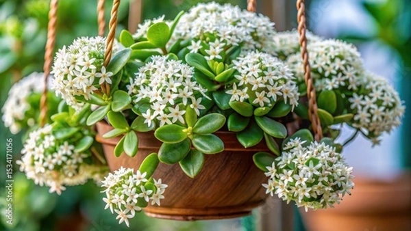 Fototapeta Dense cluster of small white flowers on a trailing Crassula perforata plant surrounded by glossy green leaves