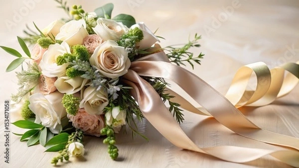 Fototapeta Delicate satin ribbon embellishes a wedding bouquet with lush greenery and subtle texture