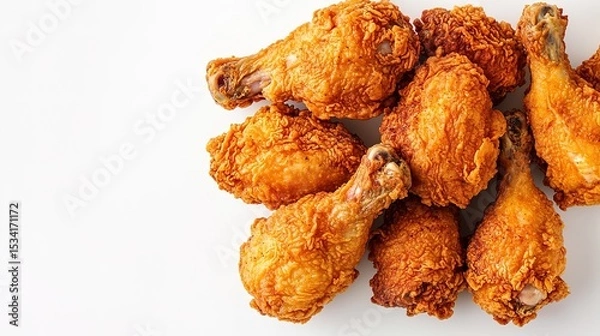 Fototapeta Crispy golden fried chicken drumsticks arranged on a white surface, showcasing a crunchy textured coating.