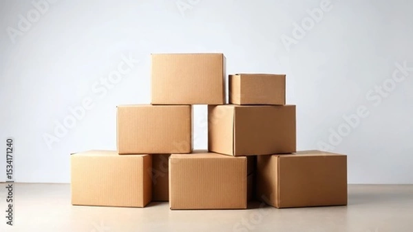 Fototapeta Brown boxes stacked neatly on a plain white background with a few strategically placed empty spaces for a clean and minimalist aesthetic