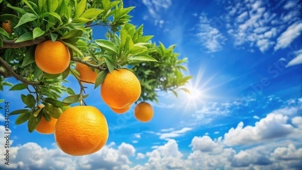 Fototapeta Vibrant orange fruit hanging from a branch of a lush green tree with intricate leaves and stems