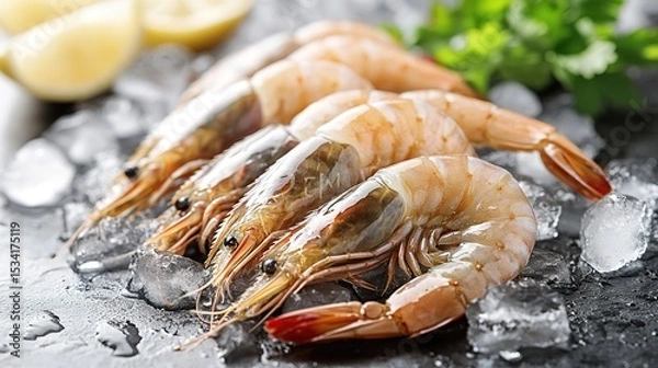 Fototapeta Fresh raw shrimp on ice with lemon slices and herbs in the background, showcasing seafood ready for cooking or serving.