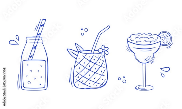 Fototapeta Set of summer cocktails isolated on white background. Illustration of three cocktails in doodle style. Hand drawn collection of drinks and cocktails. Vector illustration 