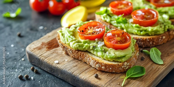 Obraz Avocado Toast with Cherry Tomatoes on Wooden Board, ai generated.