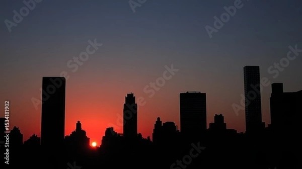 Fototapeta Silhouette of a city skyline at sunset, with the sun partially obscured by buildings.  Red hues dominate the sky