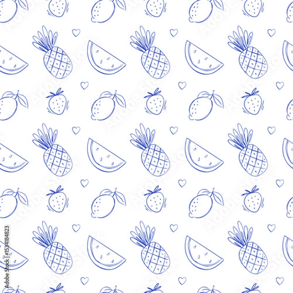 Fototapeta Hand drawn isolated seamless pattern with pineapple, lemon and watermelon. Doodle sketch vector food illustration. Design element for postcard, print, template, texture, cover