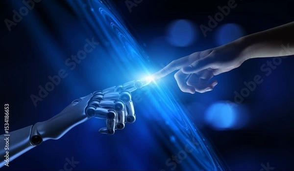 Obraz Human and AI Interaction in the Digital Age, Artificial Intelligence and Robotics Concept.