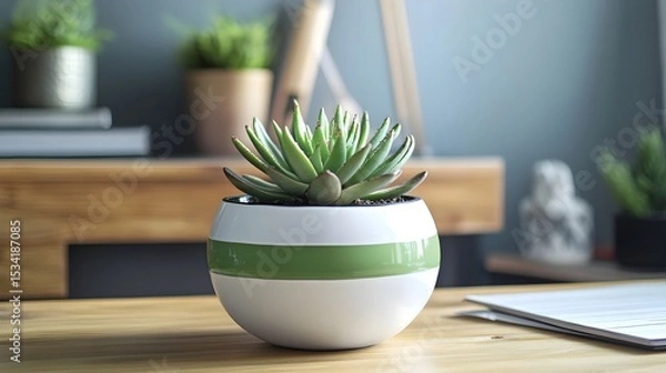 Obraz Succulent plant in a round ceramic pot with green stripe on wooden desk. Minimal and modern workspace concept with cozy and natural interior design feel.