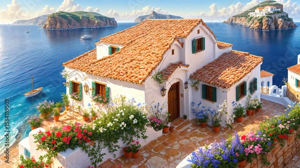 Fototapeta Beautiful house surrounded by flowers, mediterranean architecture style landscape, oil painting on canvas.