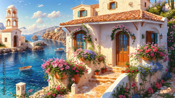 Fototapeta Beautiful house surrounded by flowers, mediterranean architecture style landscape, oil painting on canvas.