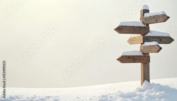 Fototapeta Snow-covered wooden signpost points directions in winter. Blank arrow signs. Wooden post against white snow, winter landscape. Guide to destination, navigation. Empty billboard, directional,