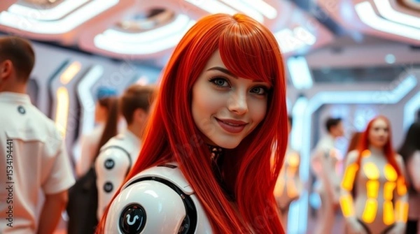 Fototapeta Concept of fashionable, technological clothes of the future of youth, where a girl in white plastic or metal robotic computer clothes