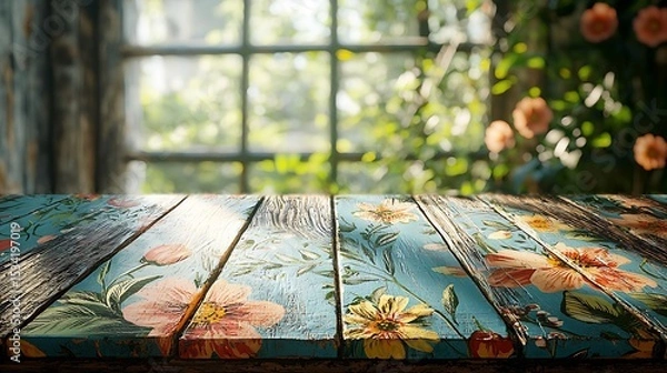 Obraz Vintage wooden table with hand-painted floral patterns in front of a garden window. Bright natural sunlight adds a warm and rustic atmosphere.